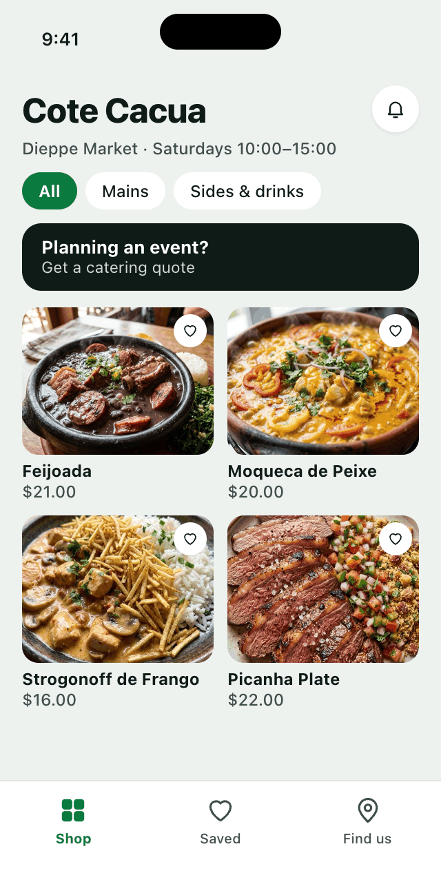 Côté Caçuá app menu preview