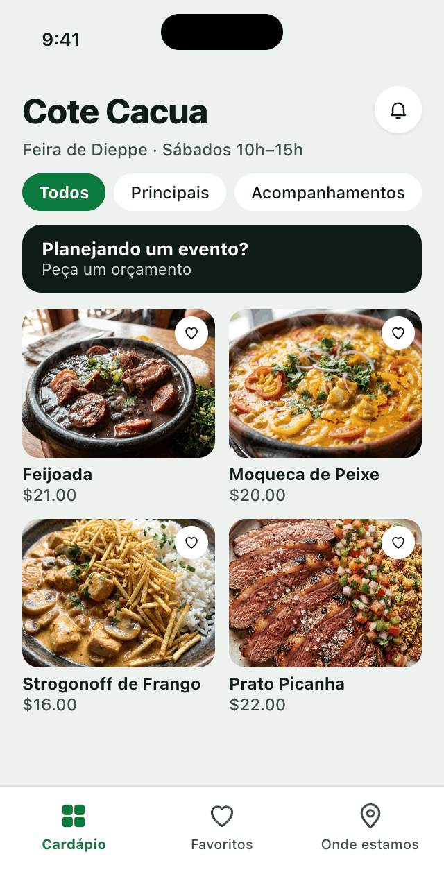 Cardápio do app Côté Caçuá